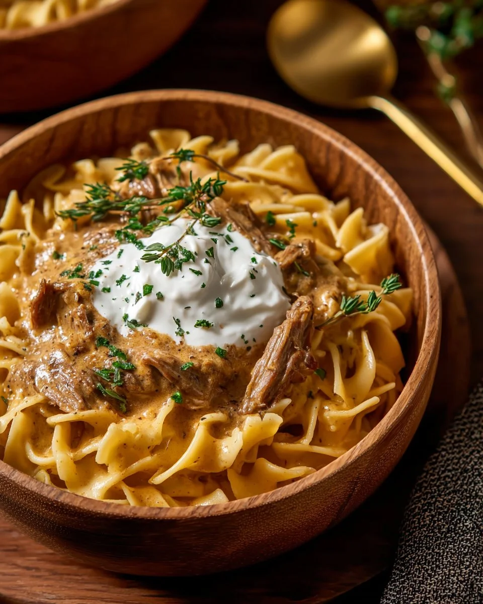 Delicious classic Beef Stroganoff served over egg noodles