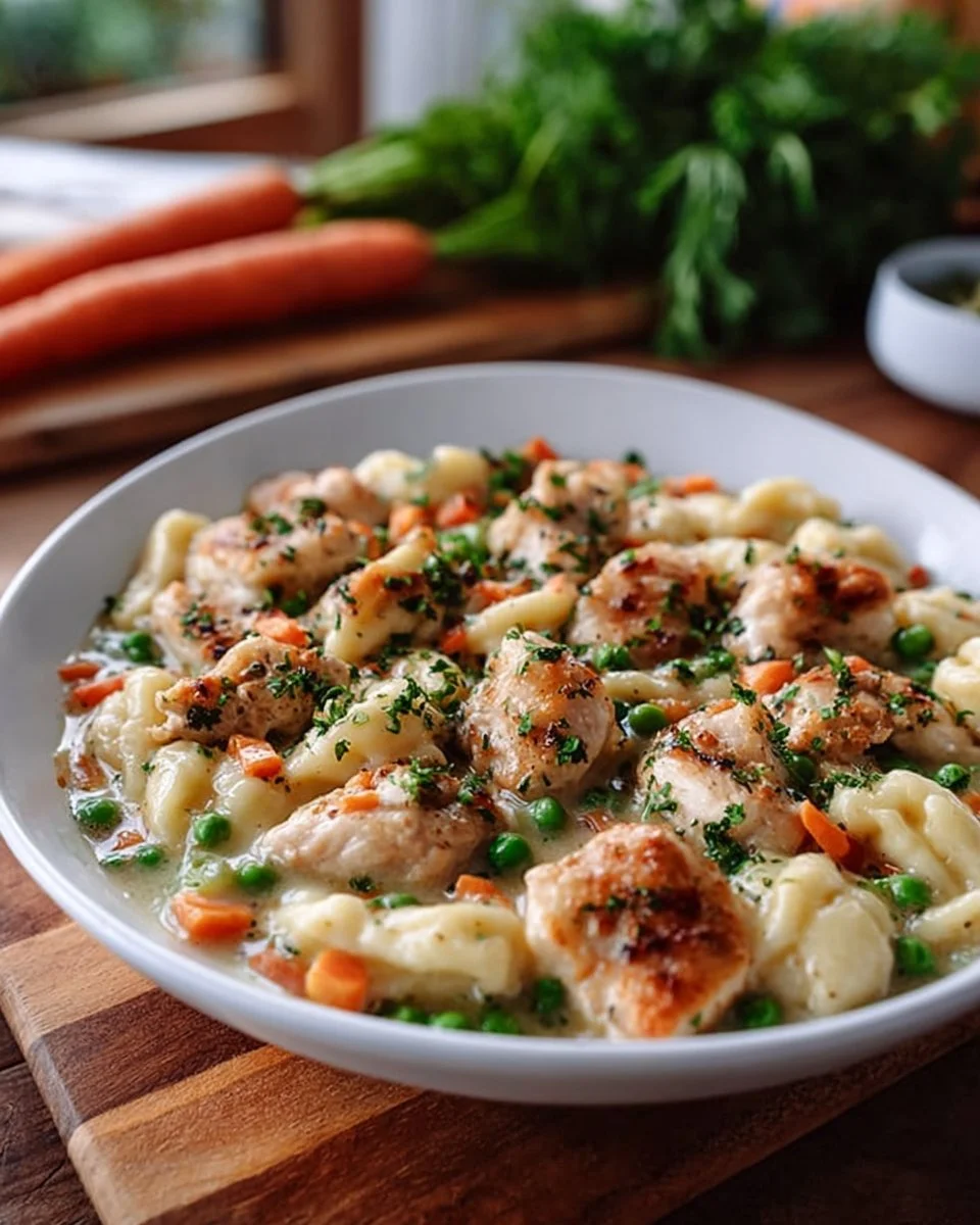Bowl of Classic Chicken Noodle Stew with chicken, vegetables, and noodles