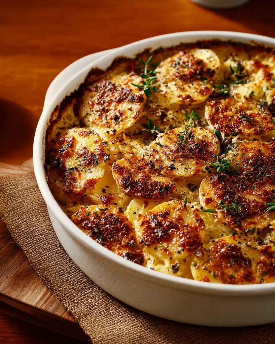 Classic potato gratin with layers of potatoes and melted cheese