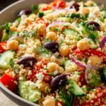 Delicious couscous salad with colorful vegetables and herbs
