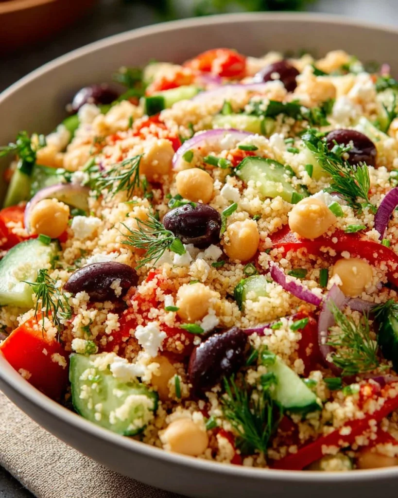 Delicious couscous salad with colorful vegetables and herbs