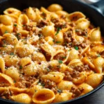 Creamy beef pasta bake topped with cheese and herbs for a comforting meal.