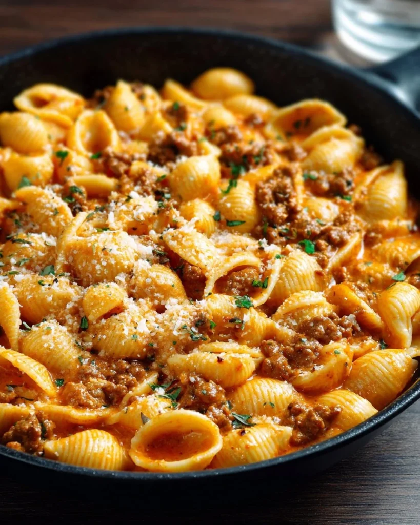 Creamy beef pasta bake topped with cheese and herbs for a comforting meal.