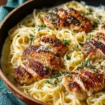 Creamy Chicken Alfredo served with fettuccine pasta and garnished with parsley
