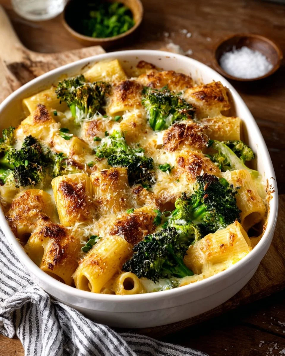 Creamy chicken and broccoli pasta bake served in a dish