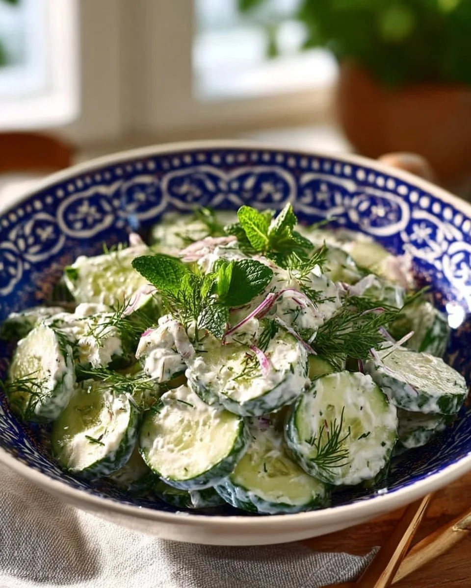 Creamy cucumber salad with fresh ingredients served in a bowl