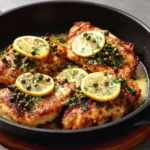 Creamy lemon chicken piccata served on a plate with fresh herbs and lemon slices