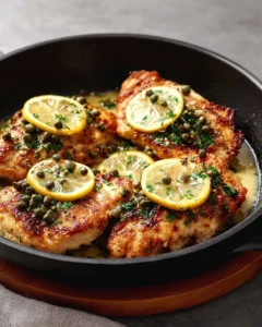 Creamy lemon chicken piccata served on a plate with fresh herbs and lemon slices