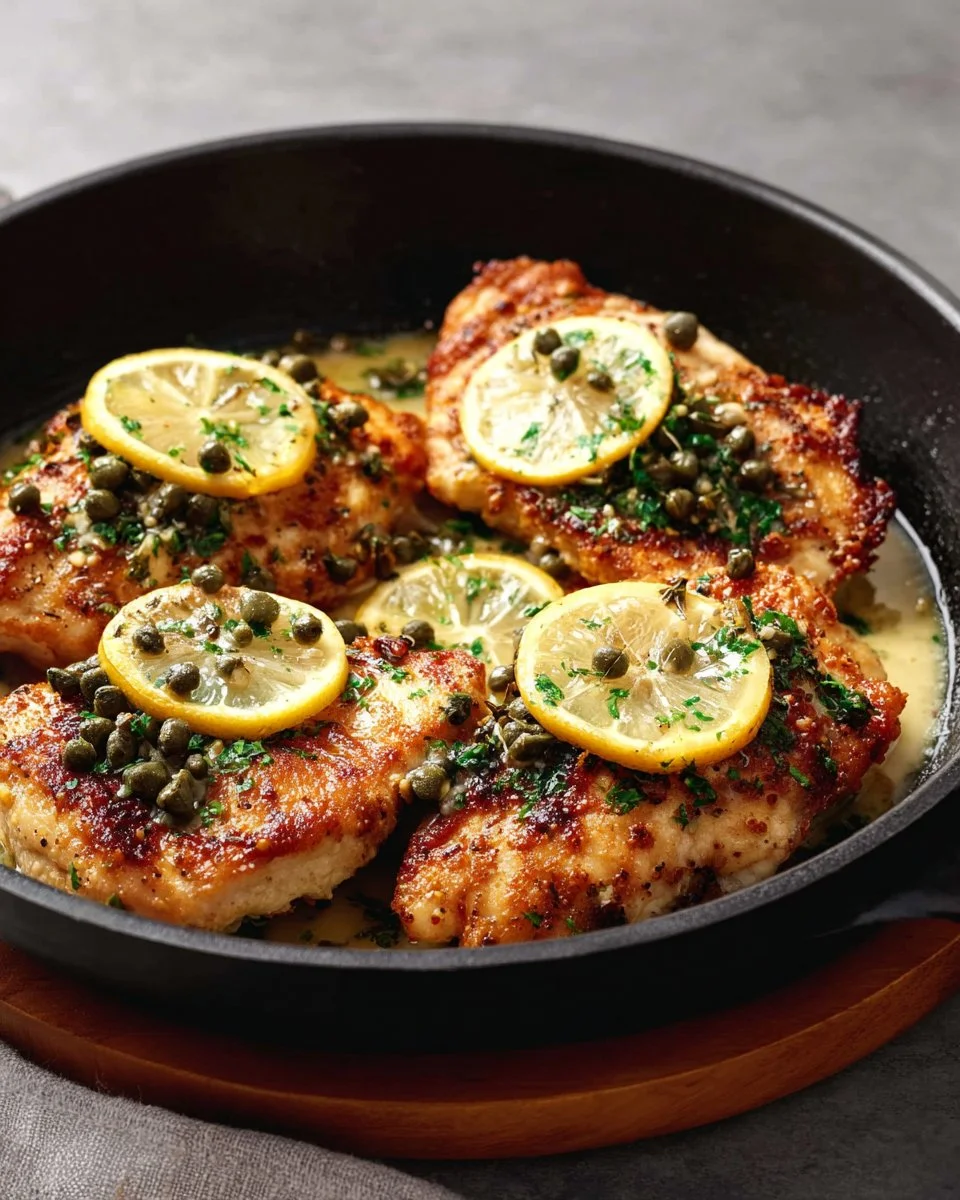Creamy lemon chicken piccata served on a plate with fresh herbs and lemon slices