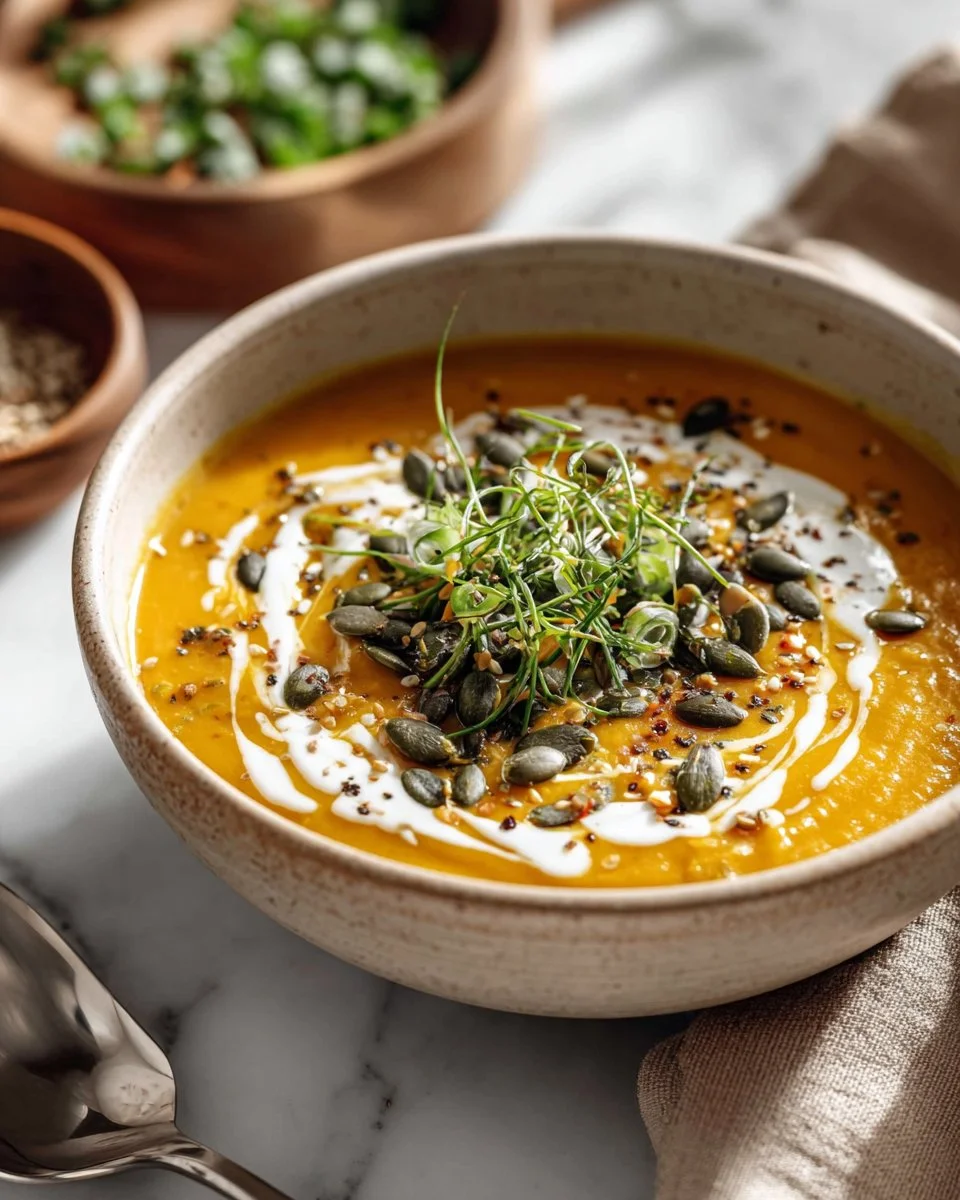 Bowl of creamy pumpkin soup garnished with herbs and cream