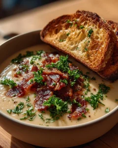 Creamy Reuben soup garnished with fresh herbs in a bowl