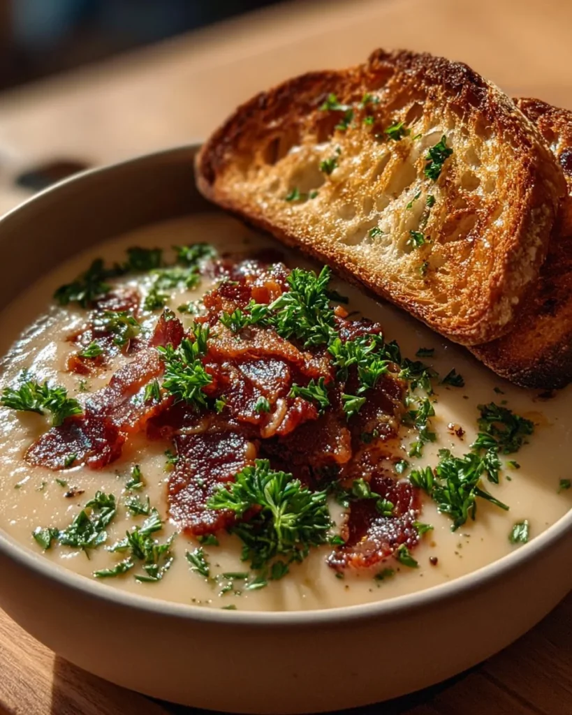 Creamy Reuben soup garnished with fresh herbs in a bowl