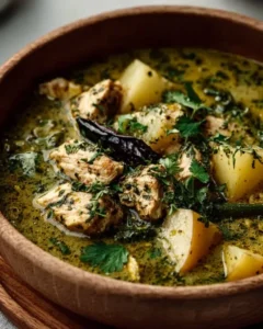 A bowl of creamy roasted poblano soup garnished with fresh herbs