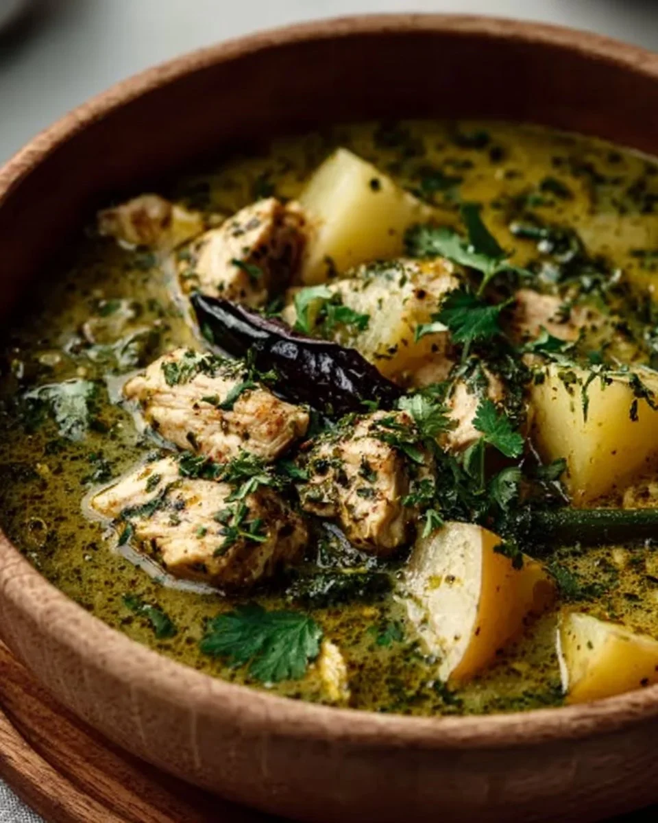 A bowl of creamy roasted poblano soup garnished with fresh herbs