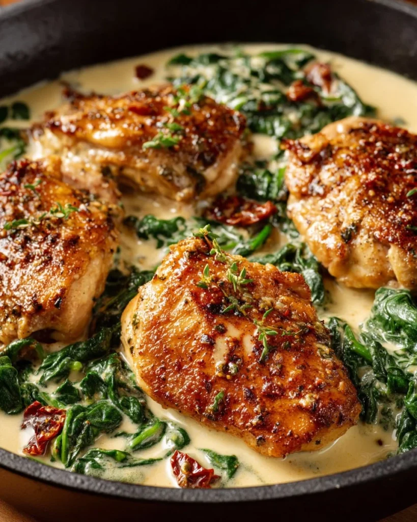Creamy Tuscan chicken served with herbs and vegetables on a plate.