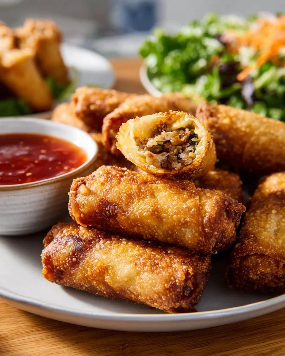 Crispy chicken egg rolls served with dipping sauce on a plate.