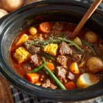 Delicious crockpot vegetable beef stew with fresh vegetables and tender beef