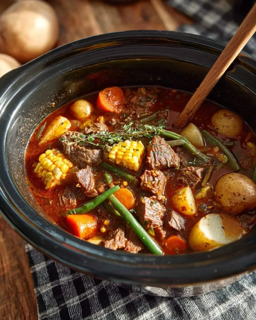 Delicious crockpot vegetable beef stew with fresh vegetables and tender beef