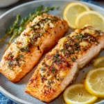 Delicious air fryer lemon garlic salmon garnished with herbs