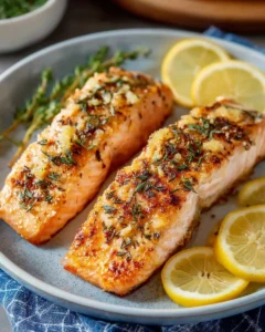 Delicious air fryer lemon garlic salmon garnished with herbs