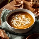Bowl of easy apple butternut squash soup topped with herbs and apples