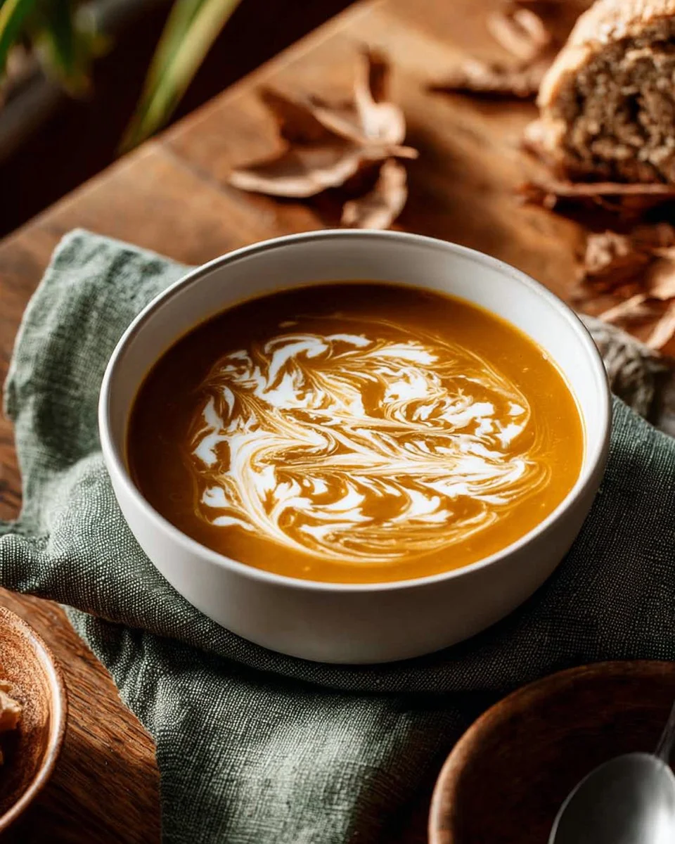 Bowl of easy apple butternut squash soup topped with herbs and apples