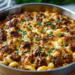 A delicious bowl of easy beefy mac and cheese topped with breadcrumbs.
