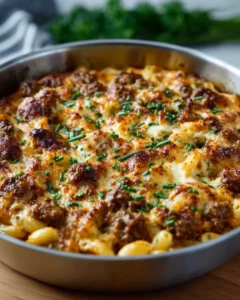 A delicious bowl of easy beefy mac and cheese topped with breadcrumbs.