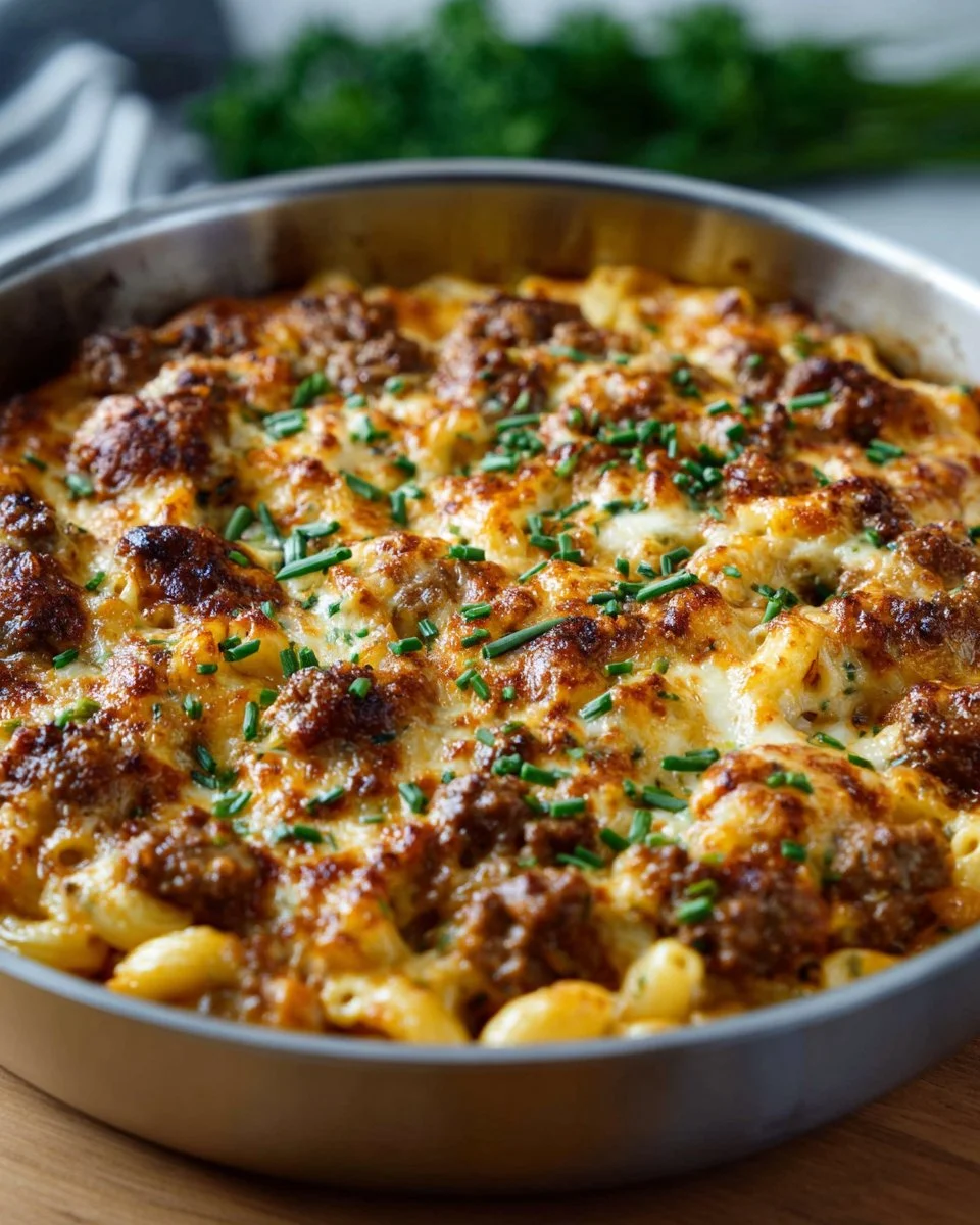 A delicious bowl of easy beefy mac and cheese topped with breadcrumbs.