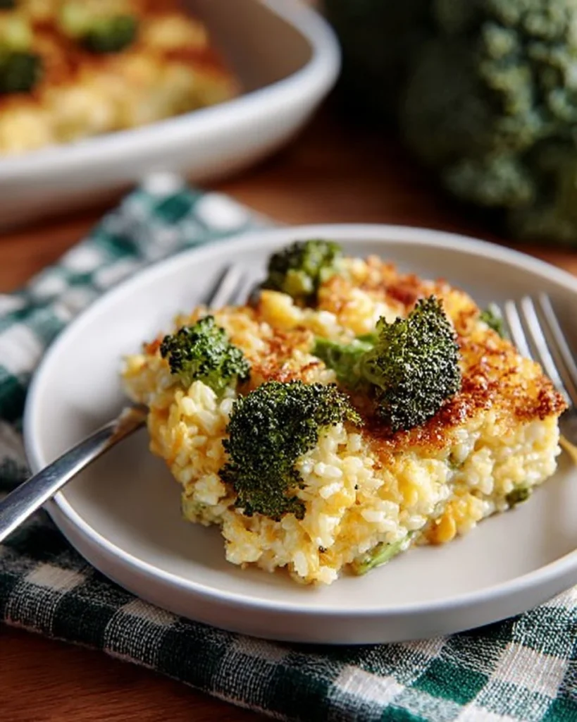 Delicious Easy Broccoli Rice Casserole served in a baking dish