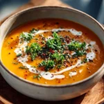 Bowl of easy butternut squash and sweet potato soup garnished with herbs