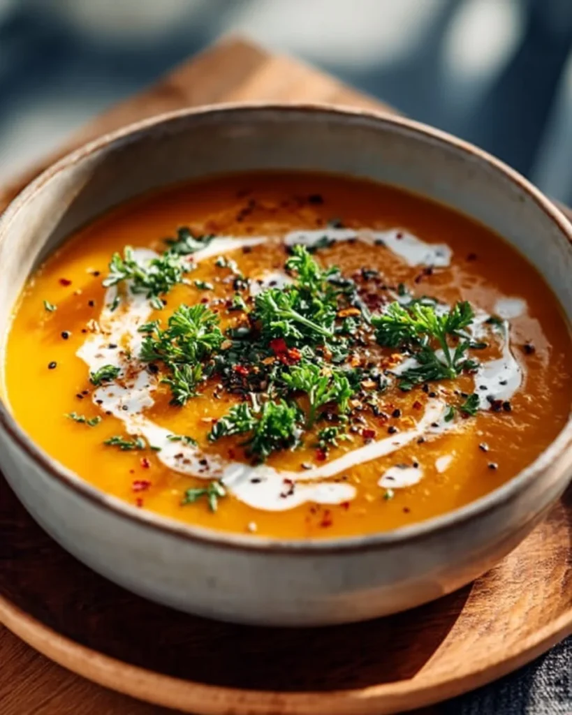 Bowl of easy butternut squash and sweet potato soup garnished with herbs
