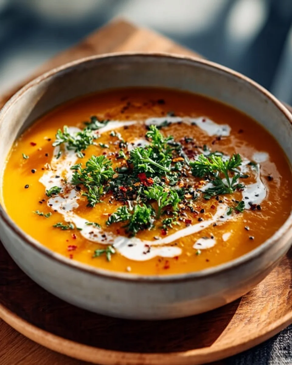 Bowl of easy butternut squash and sweet potato soup garnished with herbs