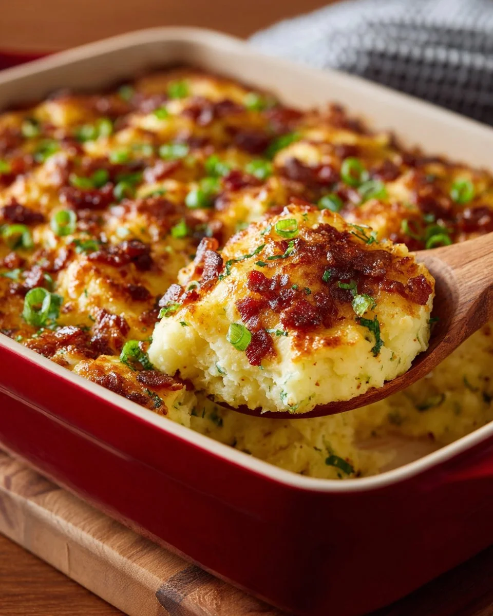 Easy loaded baked potato casserole with toppings.