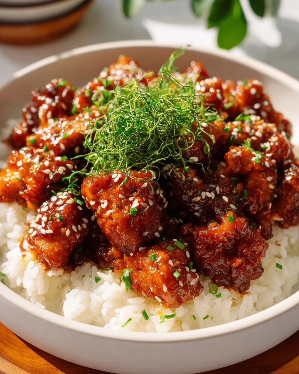 A delicious plate of easy sesame chicken garnished with sesame seeds and green onions