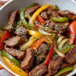 Delicious steak fajitas served with peppers and onions on a plate
