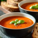 Bowl of easy homemade Tomato Basil Soup garnished with fresh basil leaves