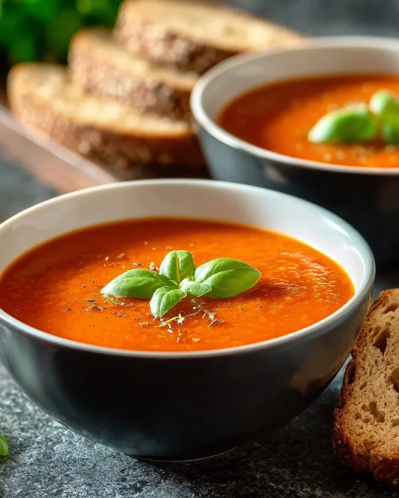 Bowl of easy homemade Tomato Basil Soup garnished with fresh basil leaves