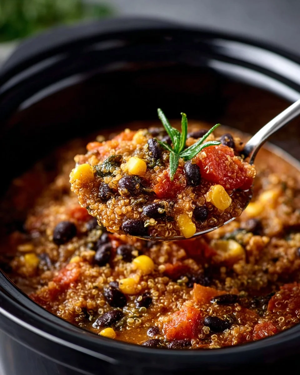Bowl of easy vegan chili cooked in a slow cooker, garnished with fresh herbs