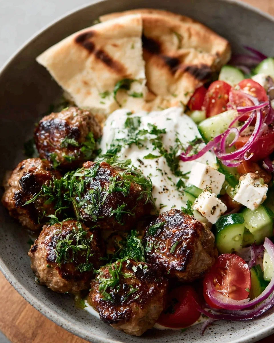 Plate of delicious homemade Greek meatballs garnished with herbs