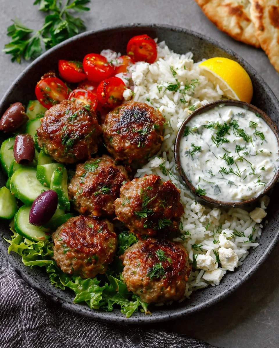 Plate of Greek Turkey Meatballs drizzled with Tzatziki sauce