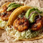 Delicious grilled shrimp tacos served with avocado lime slaw