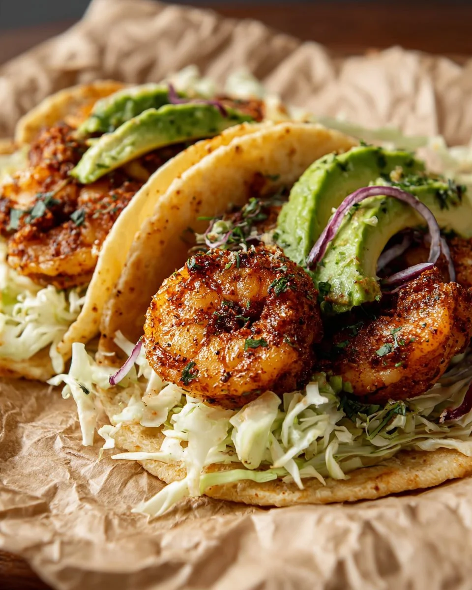 Delicious grilled shrimp tacos served with avocado lime slaw