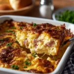 Ham and Cheese Hash Brown Casserole served on a plate