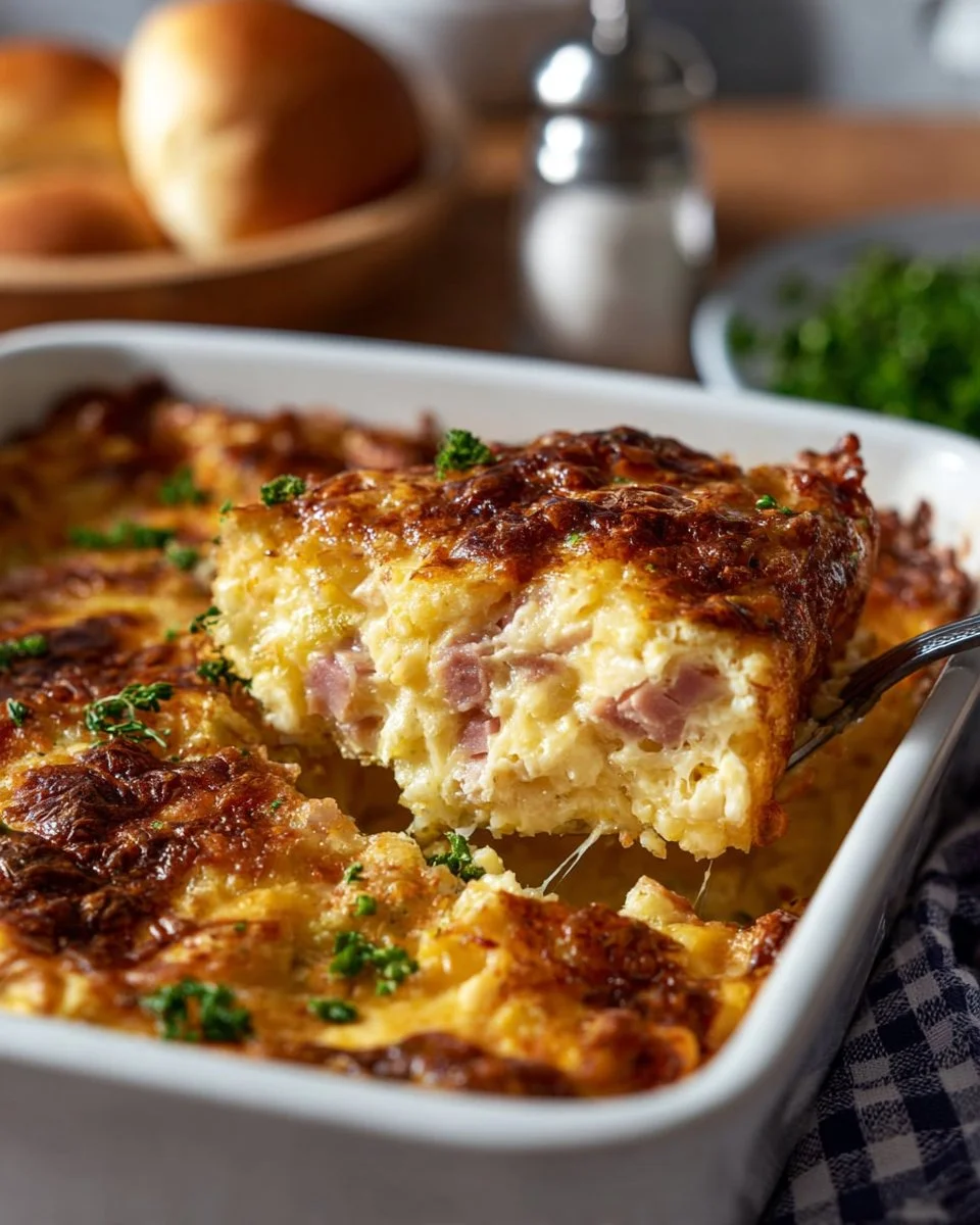 Ham and Cheese Hash Brown Casserole served on a plate