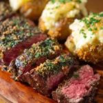 A plate of herb-crusted filet mignon garnished with fresh herbs.