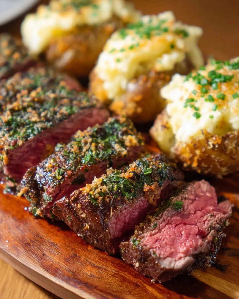A plate of herb-crusted filet mignon garnished with fresh herbs.