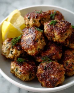 Juicy roasted Greek meatballs served with herbs and spices