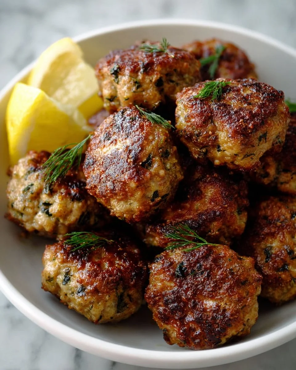 Juicy roasted Greek meatballs served with herbs and spices
