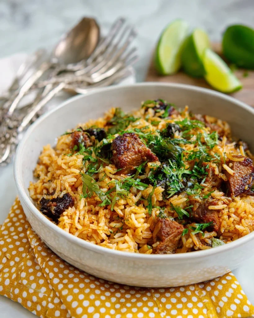 Plate of leftover pulled pork Spanish rice topped with fresh herbs